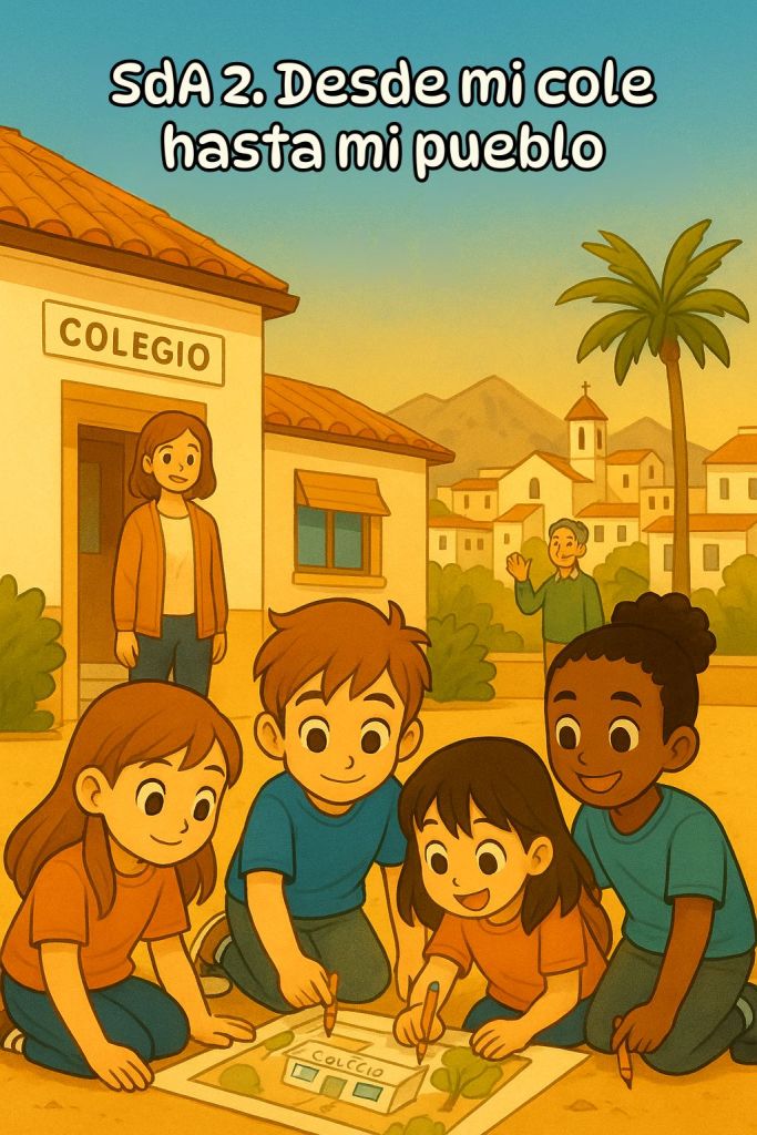 Situación de aprendizaje para 1º y 2º de Primaria titulada Desde mi cole hasta mi pueblo. A través de la observación, la investigación y la creación, el alumnado descubre quiénes trabajan en su colegio y en su pueblo, comprendiendo la importancia de la colaboración y el servicio a la comunidad. Culmina con la elaboración del Mapa vivo del cole y del pueblo y su exposición al alumnado de segundo ciclo.